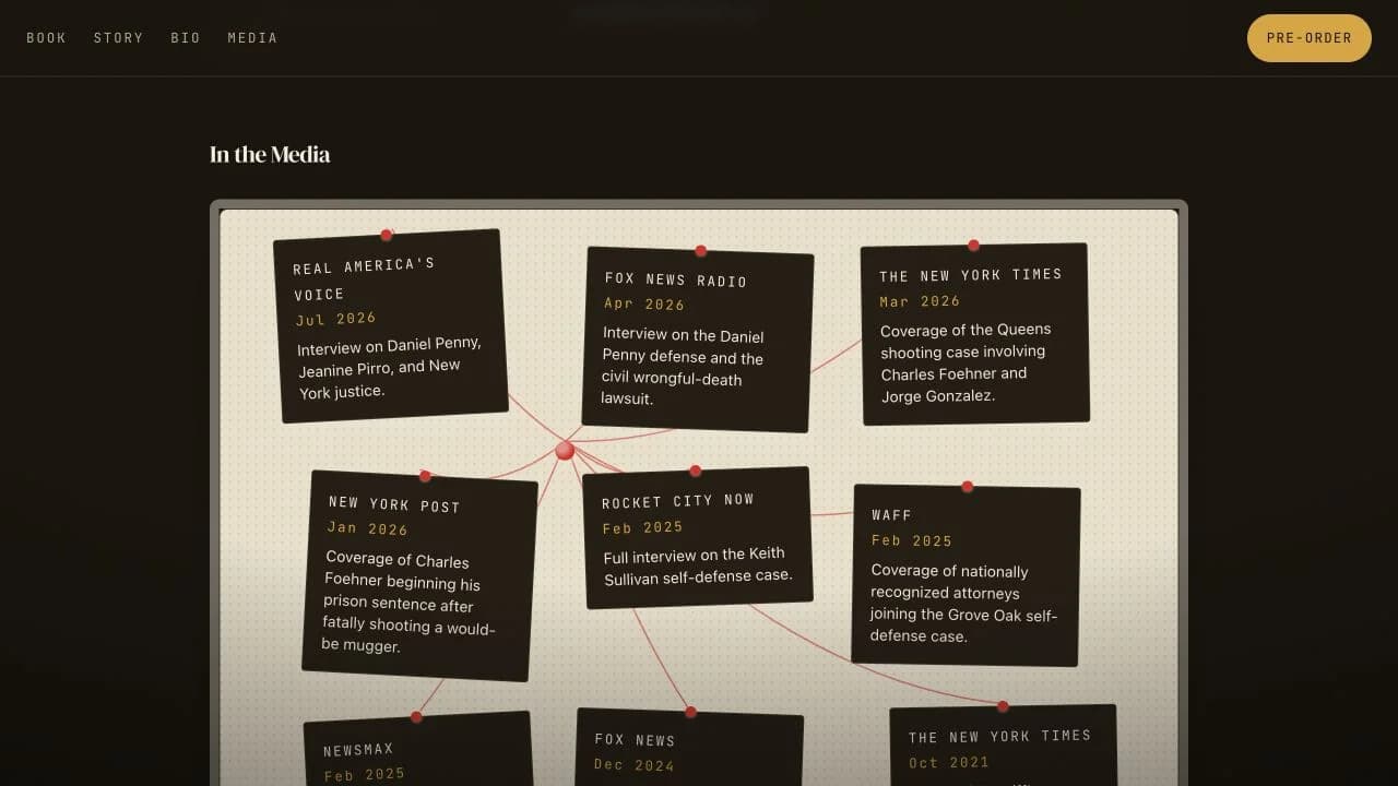 Press coverage arranged as pinned cards connected by red strings on a corkboard